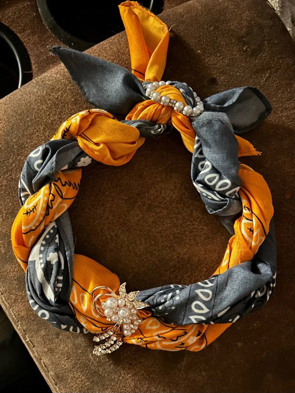 Orange and gray bandanna Twist trendy necklace with Pearl Brooch